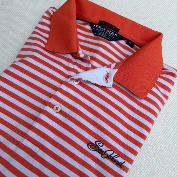 Ralph Lauren – POLO GOLF Mens Polo Orange Stripe Size XL Sea Island Logo - Picture 1 of 9